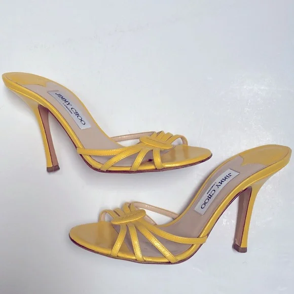 Jimmy Choo 💛 Strappy Kitten Sandal Heels in Yellow Size 7.5 Open Toe Mule Heel